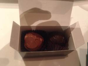 One light chocolate and one dark hazelnut truffle.