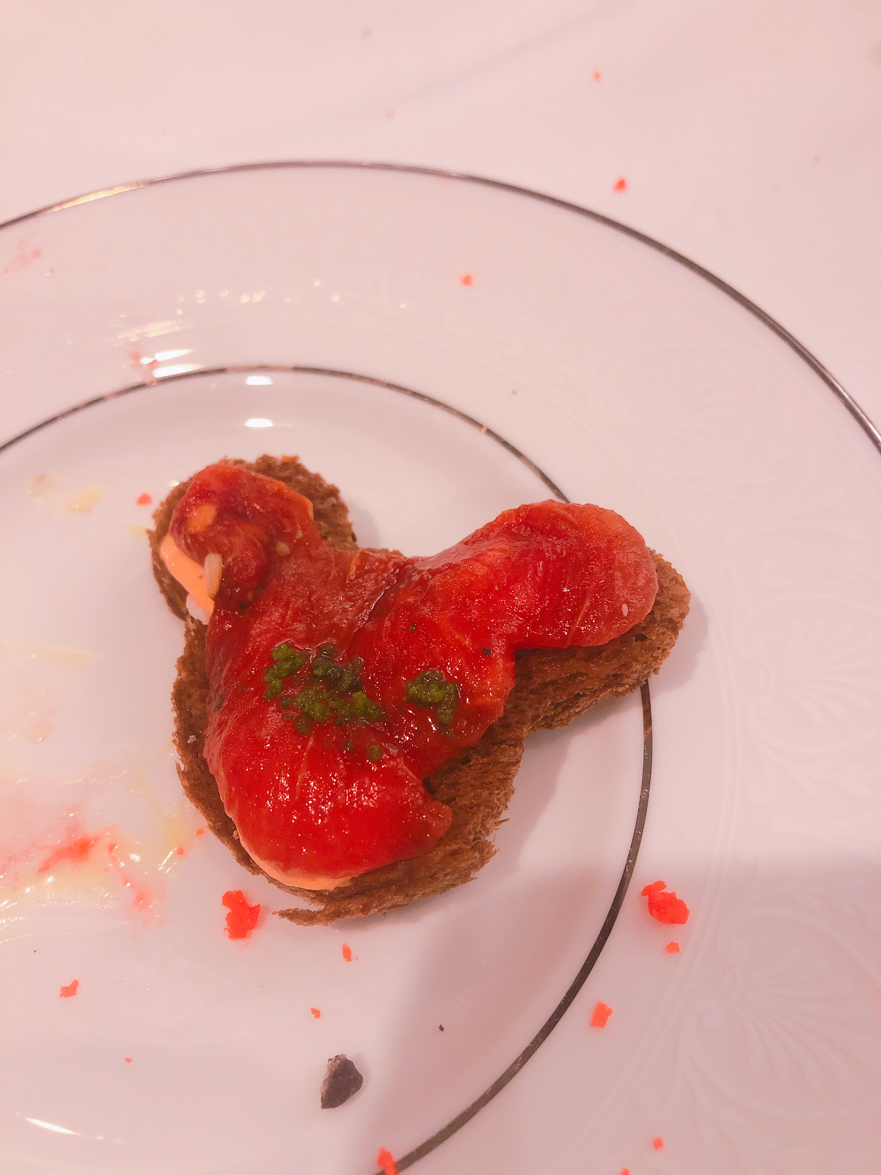 Roasted Watermelon and Pimento Goat Cheese on Pumpernickel, shaped like Mickey Mouse